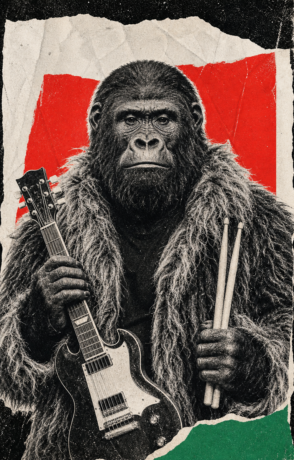 Ritratto a collage di Bollo, gorilla musicista con chitarra e bacchette